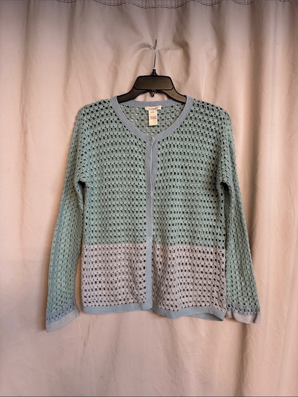 Sundance Openwork Crochet Cardigan, Size M , Color Mint Green/Gray/Light Blue